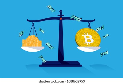 Bitcoin value measurement - Fiat money and bitcoin on weight scale. Price and worth concept. Vector illustration.