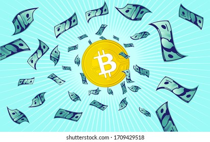 Bitcoin value - one Bitcoin with money flying around like an explosion. Price growth, success and investing concept. Vector illustration.