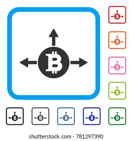 Bitcoin Variant Directions icon. Flat grey iconic symbol inside a blue rounded squared frame. Black, gray, green, blue, red, orange color variants of Bitcoin Variant Directions vector.