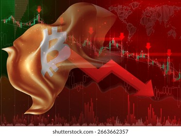 Bitcoin, vector 3d flag financial exchange trend down