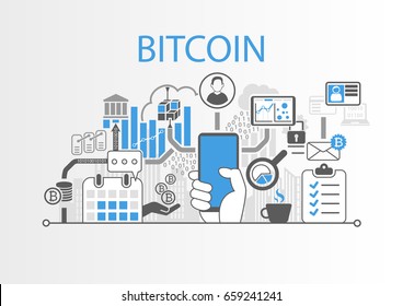 Bitcoin vector background illustration with hand holding smartphone and icons