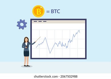 Bitcoin vector concept. Businesswoman showing a growth cryptocurrency graph on monitor while standing in the office