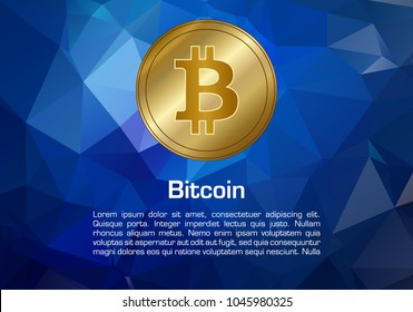 Bitcoin vector gold coin on blue polygonal background