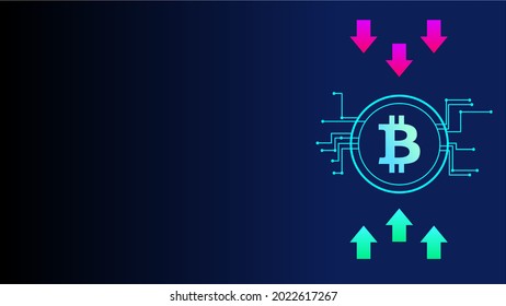 Bitcoin vector icon with arrows at the top and bottom, space for text next to the bitcoin icon
