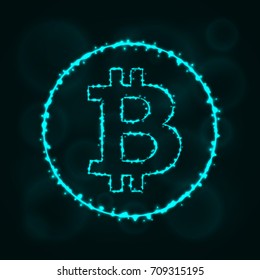 Bitcoin vector icon. Bitcoin symbol for your web site design, internet, graphic interface, business. Bitcoin illustration sign, lights silhouette on dark background. Bitcoin glowing lines and points.