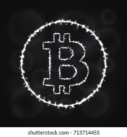 Bitcoin vector icon. Bitcoin symbol for your web site design, internet, graphic interface, business. Bitcoin illustration sign, lights silhouette on dark background. Bitcoin glowing lines and points.