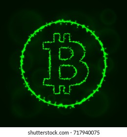 Bitcoin vector icon. Bitcoin symbol for your web site design, internet, graphic interface, business. Bitcoin illustration sign, lights silhouette on dark background. Bitcoin glowing lines and points.