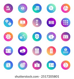 Iconos de vector de Bitcoin en rondas de gradiente de color aisladas sobre fondo blanco. Conjunto de iconos de criptomonedas para Web y diseño ui