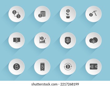 iconos vectoriales de bitcoin en círculos redondos de papel puffy con sombras transparentes sobre fondo azul. iconos de vector de stock de criptodivisa para diseño de interfaz web, móvil y de usuario
