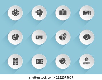 bitcoin vector icons on round puffy paper circles with transparent shadows on blue background. cryptocurrency stock vector icons for web, mobile and user interface design