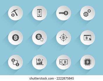 bitcoin vector icons on round puffy paper circles with transparent shadows on blue background. cryptocurrency stock vector icons for web, mobile and user interface design