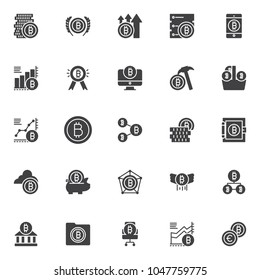 Bitcoin vector icons set, modern solid symbol collection, filled style pictogram pack. Signs, logo illustration. Set includes icons as bitcoin coin stacks, data center, growing graph chart, medal