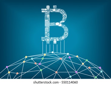 Bitcoin vector illustration background with connected internet as an example for crypto currencies and block chain technology