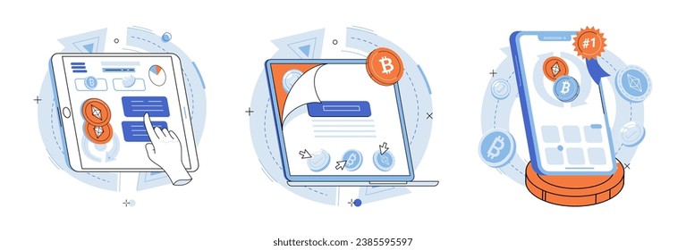 Bitcoin vector illustration. Cash transactions are being replaced by digital payments facilitated by blockchain networks The network blockchain technology ensures secure and transparent financial