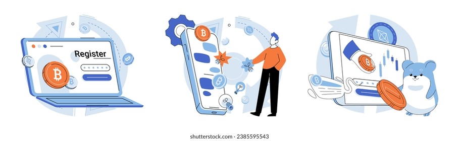 Bitcoin-Vektorgrafik. Das Bitcoin-Konzept stellt die traditionellen Finanzsysteme in Frage, da es dezentralisiert ist Finanz- und Ökonomie miteinander verbunden sind, wobei Kryptowährungen die Finanzen spielen