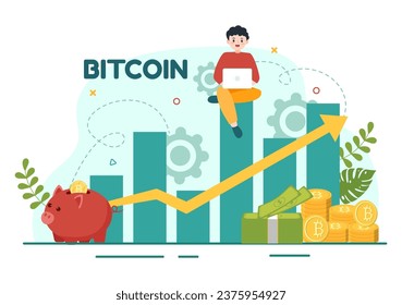 Bitcoin Vector Illustration with Cryptocurrency Coins of Blockchain Technology, Buy or Sell Trading, Crypto Market Exchange Value in Flat Background