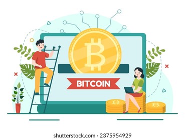 Bitcoin Vector Illustration with Cryptocurrency Coins of Blockchain Technology, Buy or Sell Trading, Crypto Market Exchange Value in Flat Background
