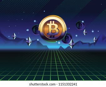 Bitcoin vector illustration.  Cryptocurrency bitcoin on dark neon 3D background. 80s background. Free space fotr text.