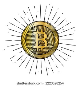 Bitcoin. Vector illustration with  bitcoin and divergent rays. Used for poster, banner, web, t-shirt print, bag print, badges, flyer, logo design and more. 