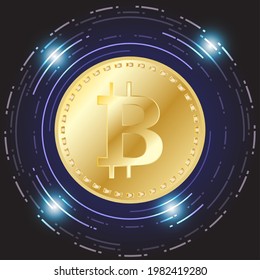 Bitcoin vector illustration, Electronics finance money symbol , Golden bitcoin digital currency, futuristic digital money, technology worldwide network concept. 