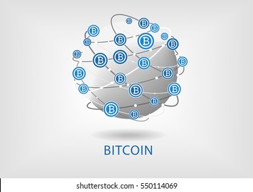 Bitcoin vector illustration with globe on grey background