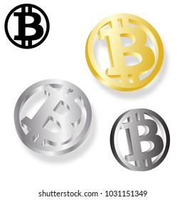 Bitcoin vector illustration. Golden and silver coins with bitcoin symbol isolated on white background.
