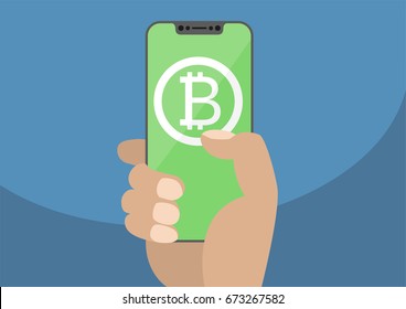 Bitcoin vector illustration. Hand holding modern bezel-free / frameless smartphone with bitcoin symbol displayed on green touchscreen