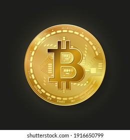 Bitcoin vector illustration. Realistic golden coin on black background. Cryptocurrency symbol. Digital currency BTC.
