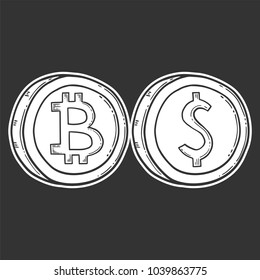 Bitcoin vector image, digital currency sign. Cryptocurrency logo, hand drawn and engraved style, doodle