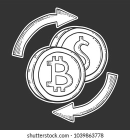 Bitcoin vector image, digital currency sign. Cryptocurrency logo, hand drawn and engraved style, doodle