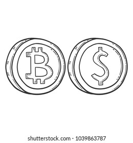 Imagen vectorial de bitcoin, signo de moneda digital. Logo de Criptomoneda, estilo dibujado a mano y grabado, doodle. Aislado sobre fondo blanco.