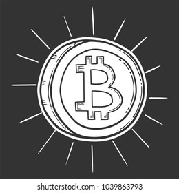 Bitcoin vector image, digital currency sign. Cryptocurrency logo, hand drawn and engraved style, doodle