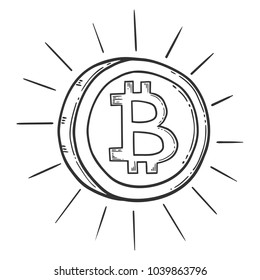 Bitcoin vector image, digital currency sign. Cryptocurrency logo, hand drawn and engraved style, doodle. Isolated on white background.