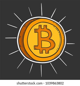 Bitcoin vector image, digital currency sign. Cryptocurrency logo, hand drawn and engraved style, doodle