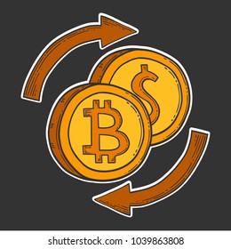 Bitcoin vector image, digital currency sign. Cryptocurrency logo, hand drawn and engraved style, doodle