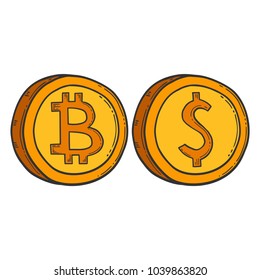 Bitcoin vector image, digital currency sign. Cryptocurrency logo, hand drawn and engraved style, doodle. Isolated on white background.