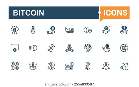 Bitcoin vector line icon set. Featuring virtual, trade, cash, deposit, investment, value, payment and more. Simple web icons. Vector outline and solid icons collection.