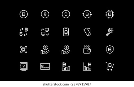 Bitcoin vector line icons set. white lines on a black background