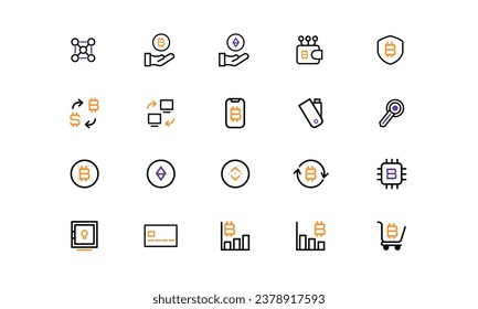 
Iconos de línea vectorial de bitcoin establecidos. líneas de color sobre fondo blanco