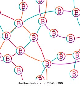 Bitcoin vector seamless pattern. Cryptocurrency digital payment system concept. Transparent overlapping colorful linear illustration