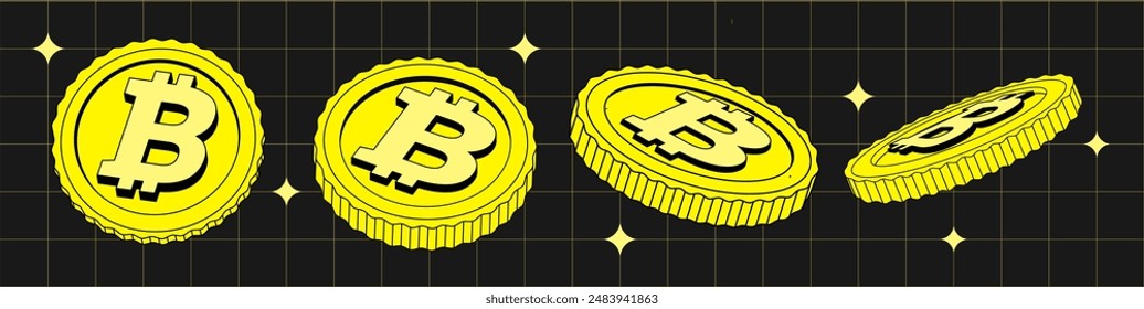 Bitcoin. Vector set of Coins in different view. Flat, 2D Сartoon yellow Digital currency. Cryptocurrency. Fintech Blockchain. Currentius Isolated. Illustration 90s of currency in Retro y2k style.