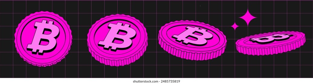 Bitcoin. Vector set of Coins in different view. Flat, 2D Сartoon Pink Digital currency. Cryptocurrency. Fintech Blockchain. Currentius Isolated. Illustration 90s of currency in Retro y2k style.