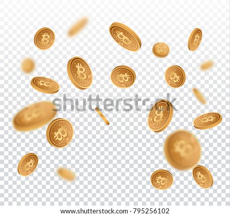 Bitcoin virtual cryptocurrency explosion isolated on transparent background. Vector illustration.