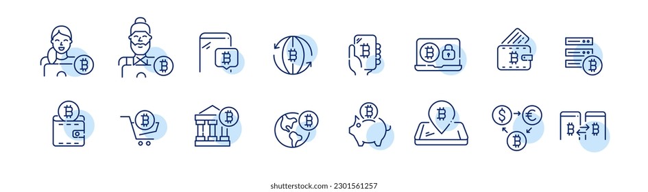 Bitcoin virtual currency exchange and p2p transactions. Crypto wallet. Modern financial products. Pixel perfect, editable stroke line icons set