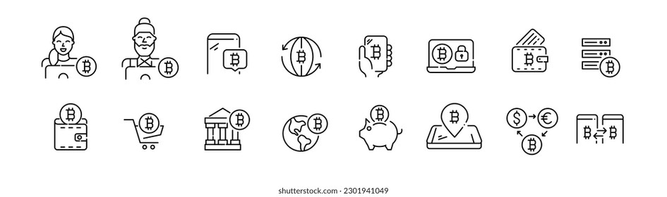 Bitcoin virtual currency exchange and p2p transactions. Crypto wallet. Modern financial products. Pixel perfect, editable stroke line icons set