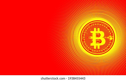 Bitcoin virtuelle digitale Kryptowährung Banner Vorlage. Bitcoin-Münze in der Mitte eines hellen sonnigen, kreisförmigen Musters. Vectoreps-Banner