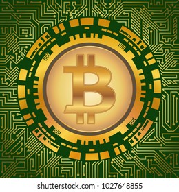 Bitcoin virtual money background with futuristic interface and circuit board elements of golden and green shades. Mining and blockchain technology