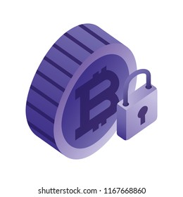 bitcoin virtual with padlock isometric icon