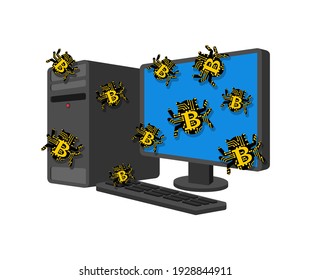 Bitcoin virus bug infected computer. Digital currency computer virus.