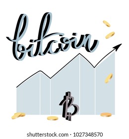 Bitcoin volume vector symbol, crypto currency. Handdrawn lettering letters with growth chart. 